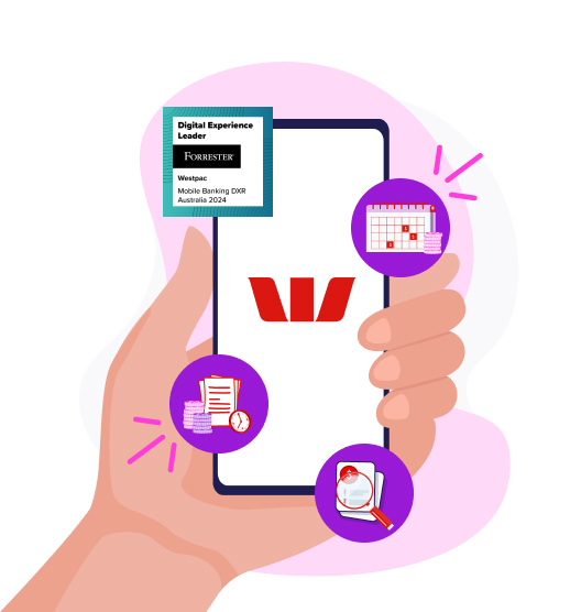 Illustrated hand holding a mobile phone, with some illustrated features and a badge for Westpac’s #1 Banking App win in 2023